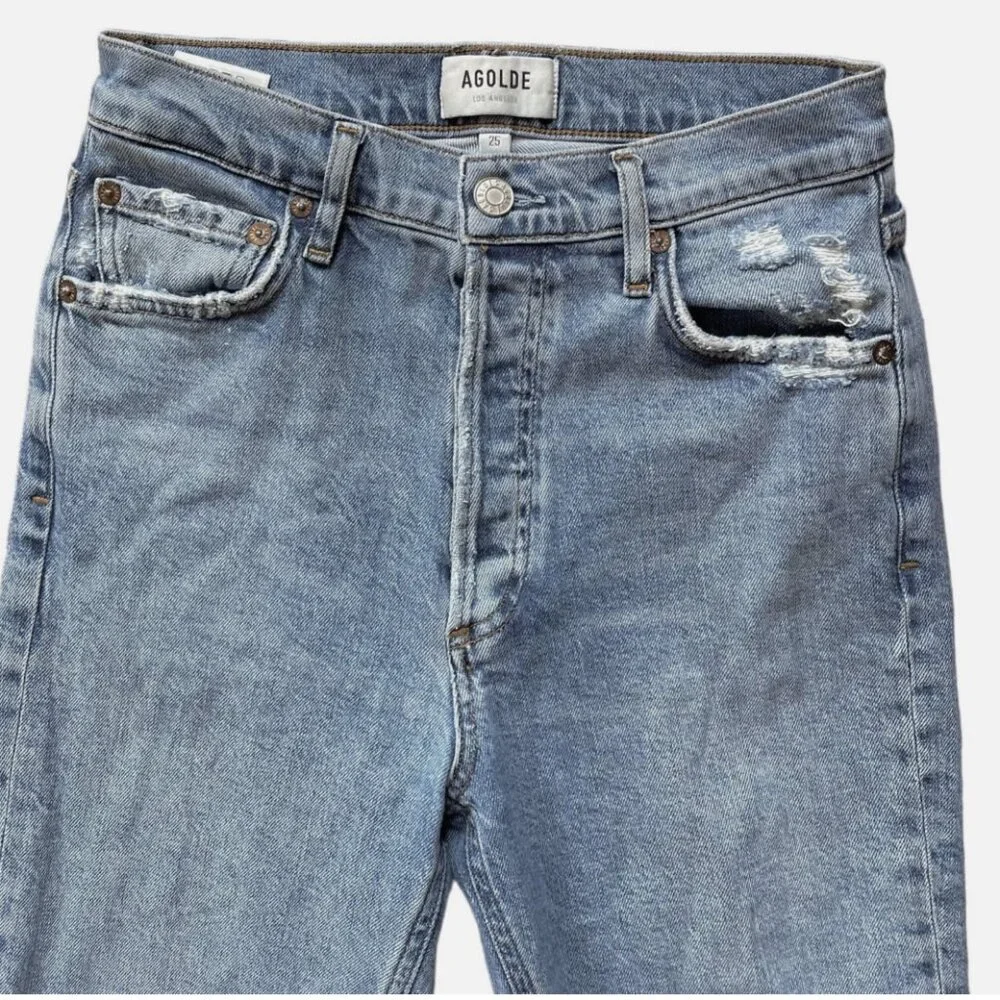 Agolde Nico Distressed Raw Hem Button Fly Medium Wash Ankle Jeans Women's 25